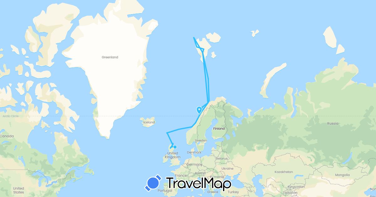TravelMap itinerary: driving, boat in Faroe Islands, United Kingdom, Norway (Europe)
